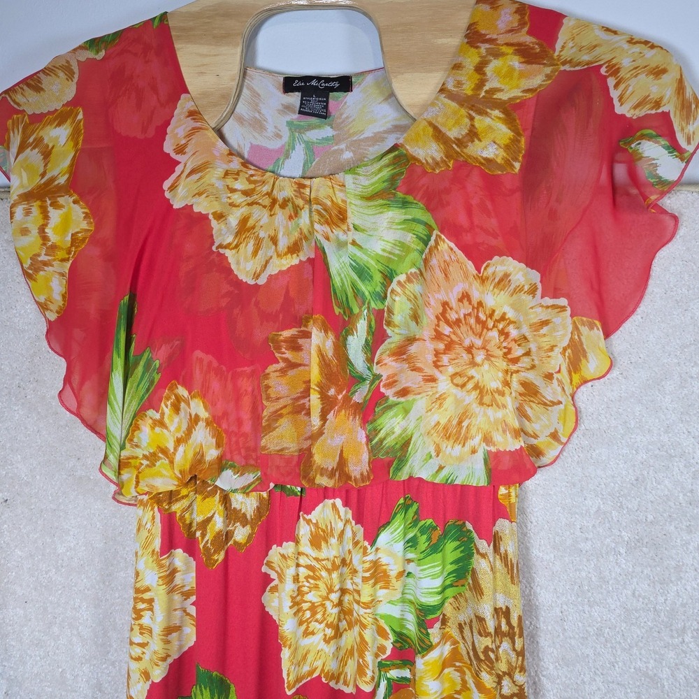 Elie McCarthy Maxi Dress Womens L Red Floral Flutter Sleeve Stretch Round Neck